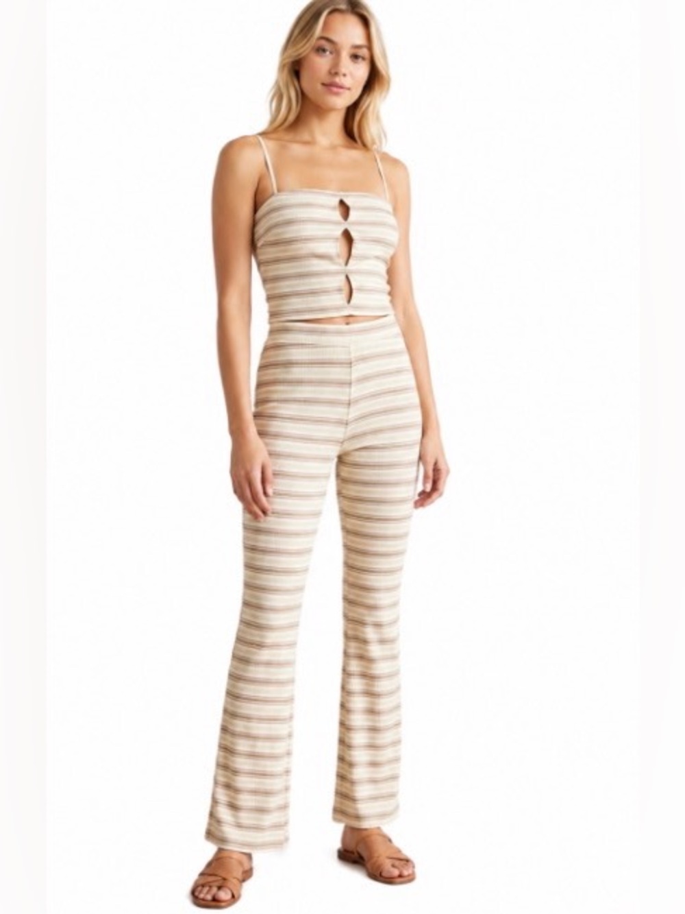 Little Mountain Striped Cream Boot Cut Knit Jumpsuit - Size L